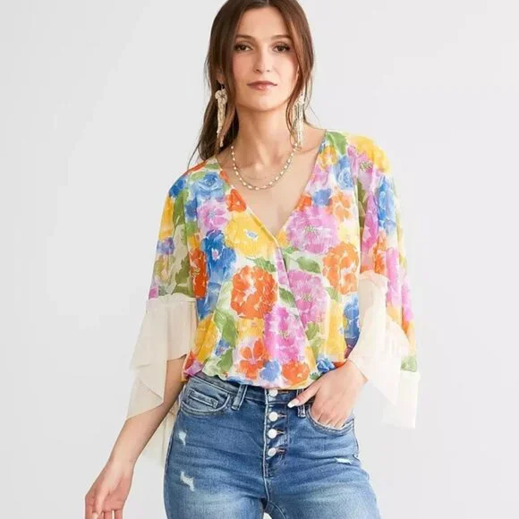 WILLOW & ROOT - Floral Flower Surplice Blouse Top XL - Picture 1 of 5